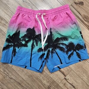 Chubbies Swim Trunks Shorts Mens Large 5.5" Palm Trees Blue Pink Gradiant